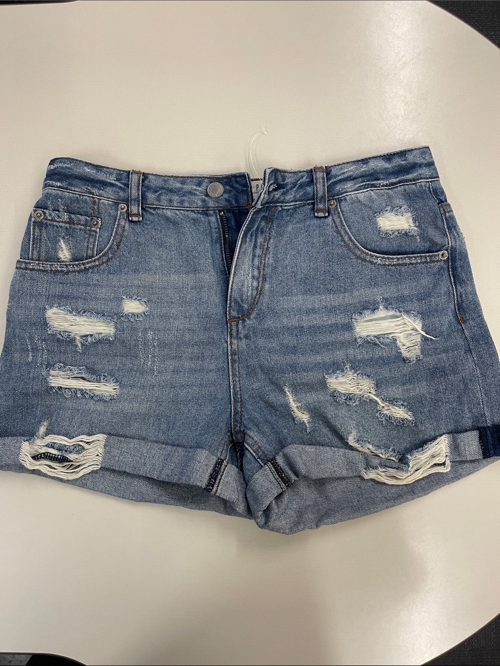 Distressed Rolled Hem Denim Shorts - Light Blue